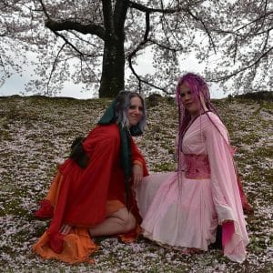 models showing two once in a lifetime by se'tyo dresses in himeji park in spring