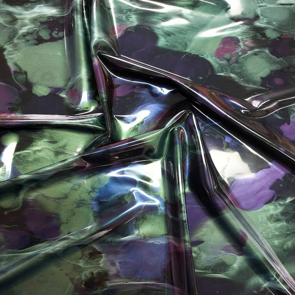 latex sheet in an oil slick pattern in green and purple tones