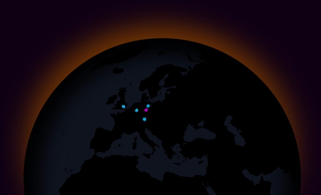 image of a glowing globe showing some locations of future events